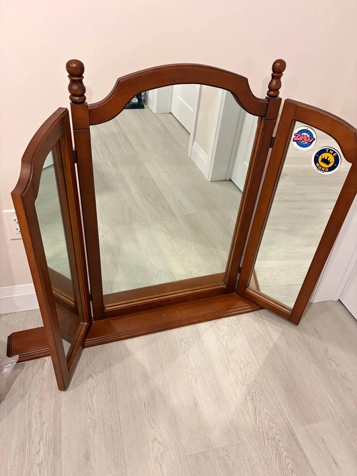 Vintage Wooden Tri-Fold Vanity Mirror