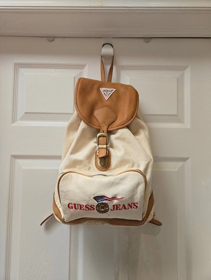 Vintage Guess Jeans Canvas Backpack Cream Tan Logo Bag Y2K - photo 2