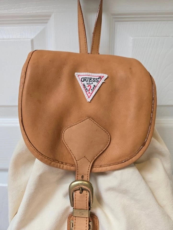Vintage Guess Jeans Canvas Backpack Cream Tan Logo Bag Y2K - photo 3