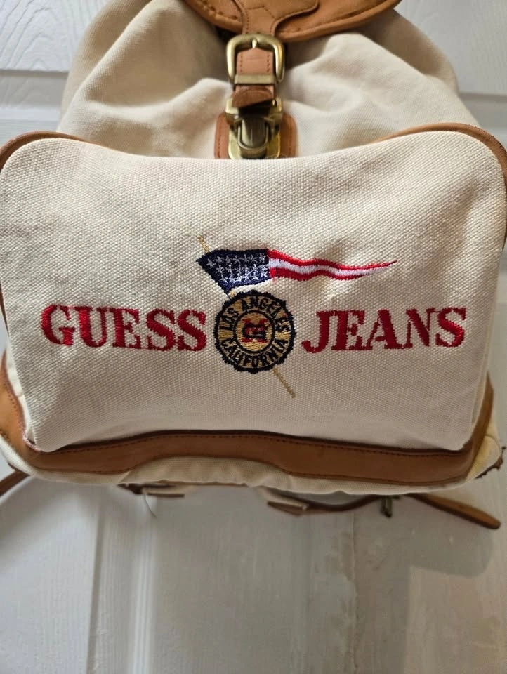 Vintage Guess Jeans Canvas Backpack Cream Tan Logo Bag Y2K - photo 4
