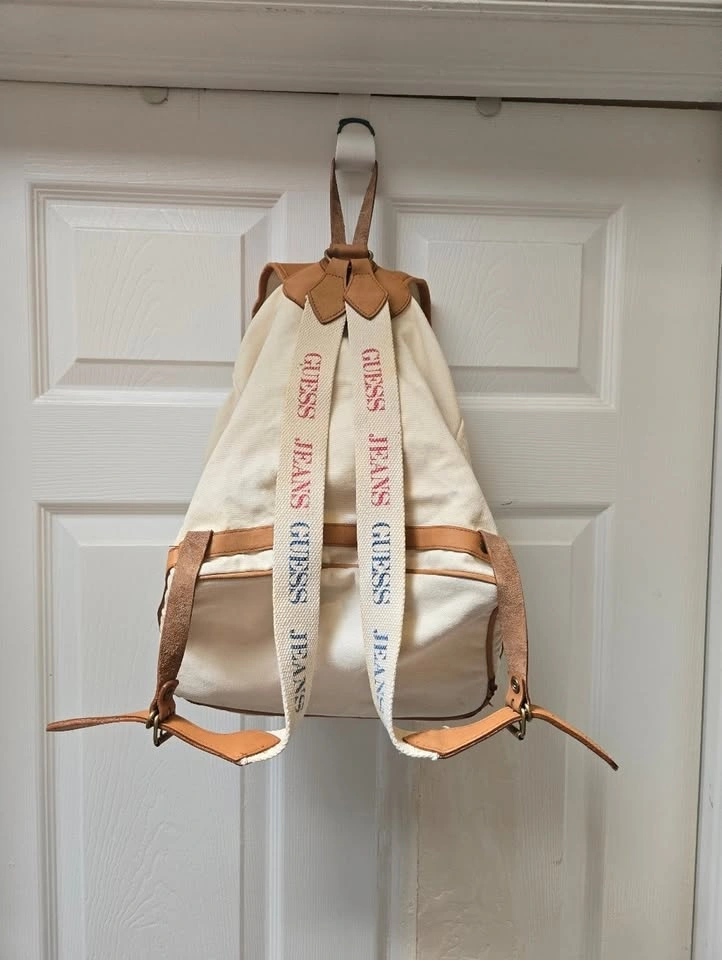 Vintage Guess Jeans Canvas Backpack Cream Tan Logo Bag Y2K - photo 5