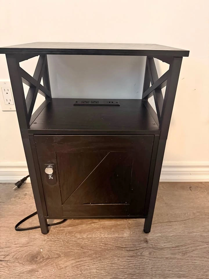 Black Nightstand with Charging Station and Locking Cabinet
