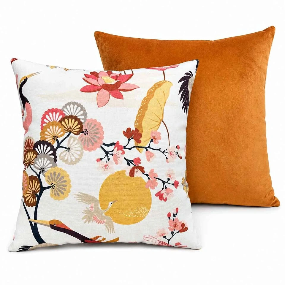 Two Reversible Designer Pink & Golden Blossom Floral Crane Pillo
