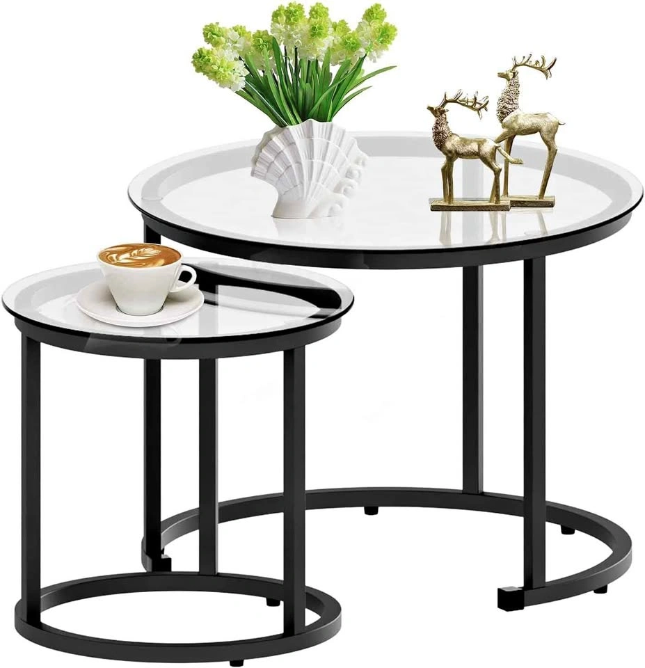 Set of 2 Black Nesting Glass Coffee Table – Modern Industrial |