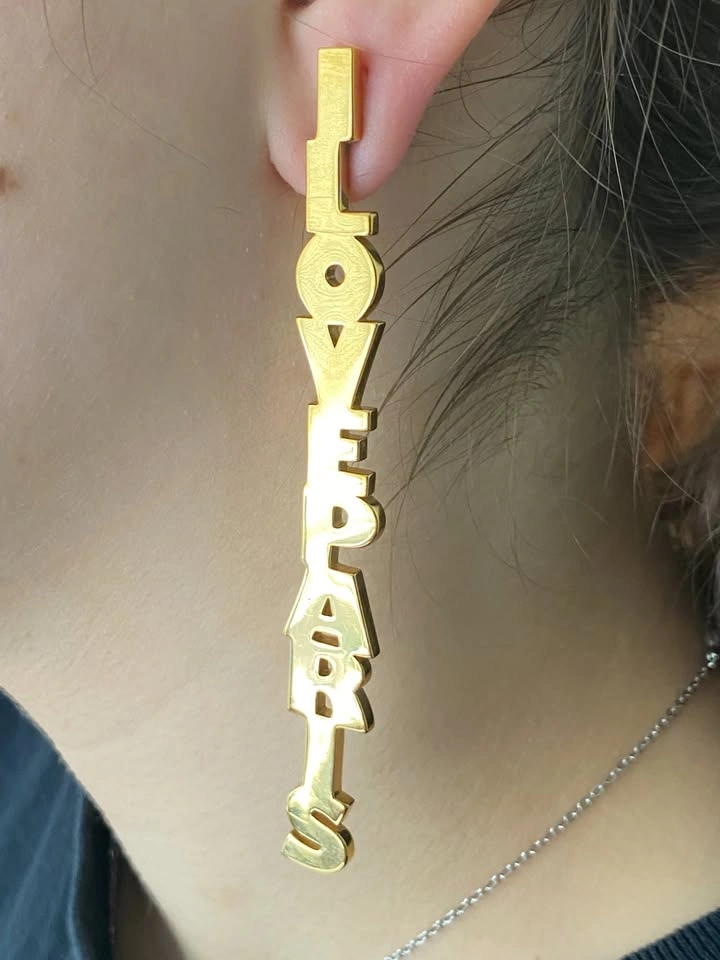 BALENCIAGA Gold Mismatched "I Love Paris" Drop Earrings - photo 4