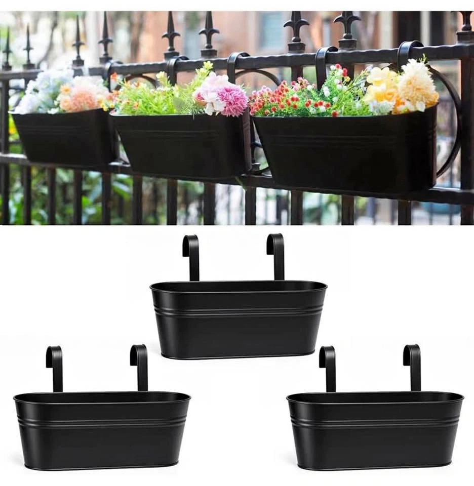 Set of 3 Black Metal Hanging Railing Planters