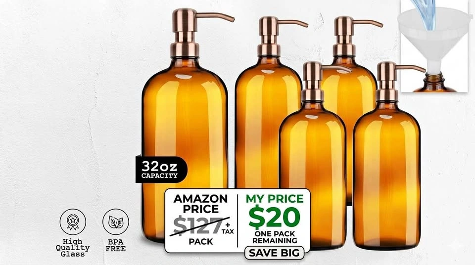 4 Pack 32oz Amber Glass Soap Dispensers with Pumps