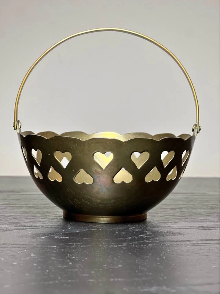 Vintage Brass Bowl India Heart Cutouts Hinged Handle
