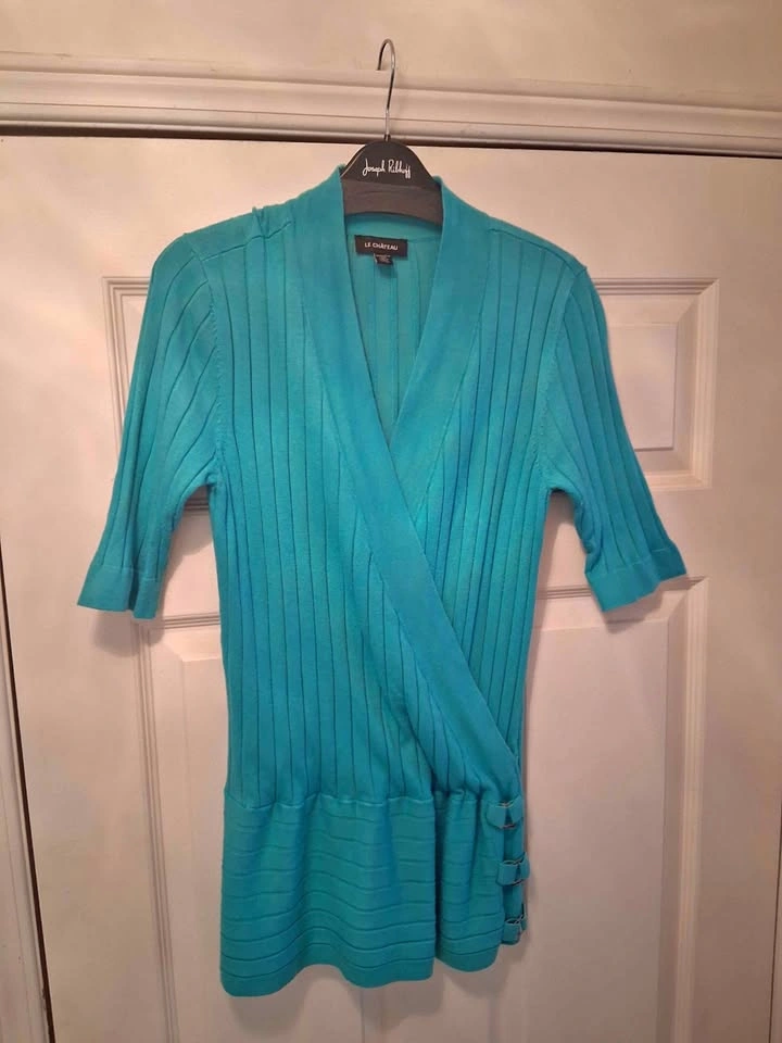 Le Château Teal Ribbed Knit Faux-Wrap Top XL