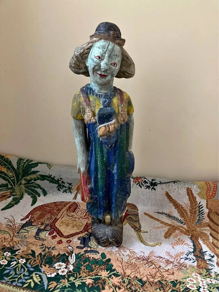 Hand-Carved Wooden Clown Figurine - Folk Art