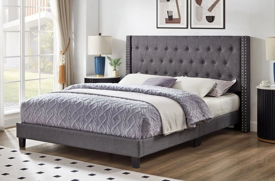 Brand New Grey Linen Queen Platform Bed Frame