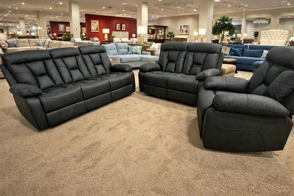 Modern Black Leather Reclining Sofa Set | Full Living Room Set