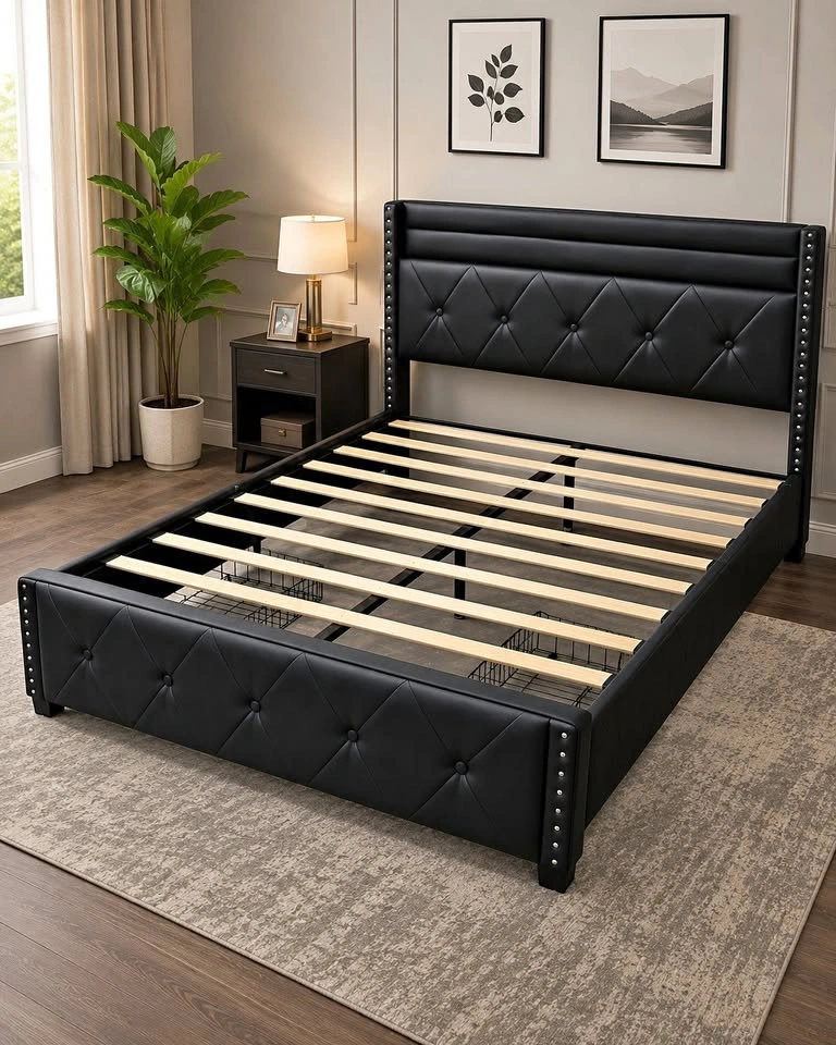 Modern Black Leather LED Bed Frame with Storage - Queen