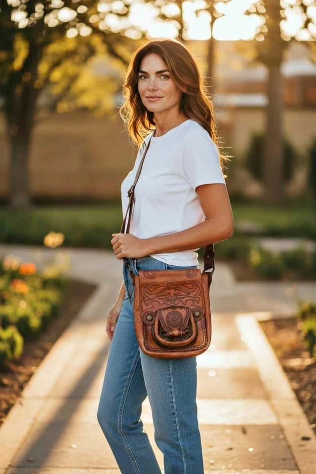 1950s Hand-Tooled Leather Messenger Bag - Bird Motif
