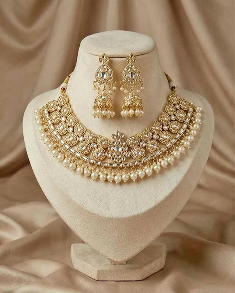 Gold Tone Pearl Stone Necklace and Earring Set