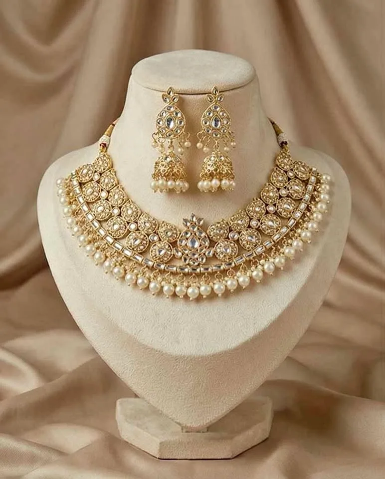 Gold Tone Pearl Stone Necklace and Earring Set