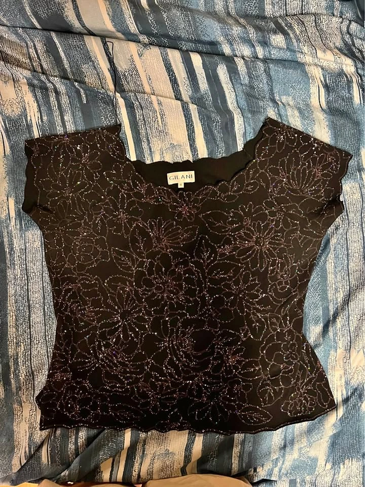 GILANI Black Sparkly Floral Evening Blouse