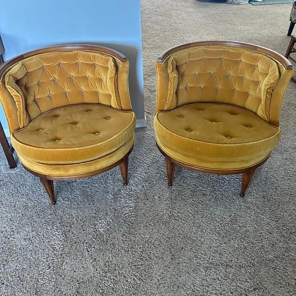 VTG Mid Century Modern Barrel Chair Pair Mustard Velvet Tufted