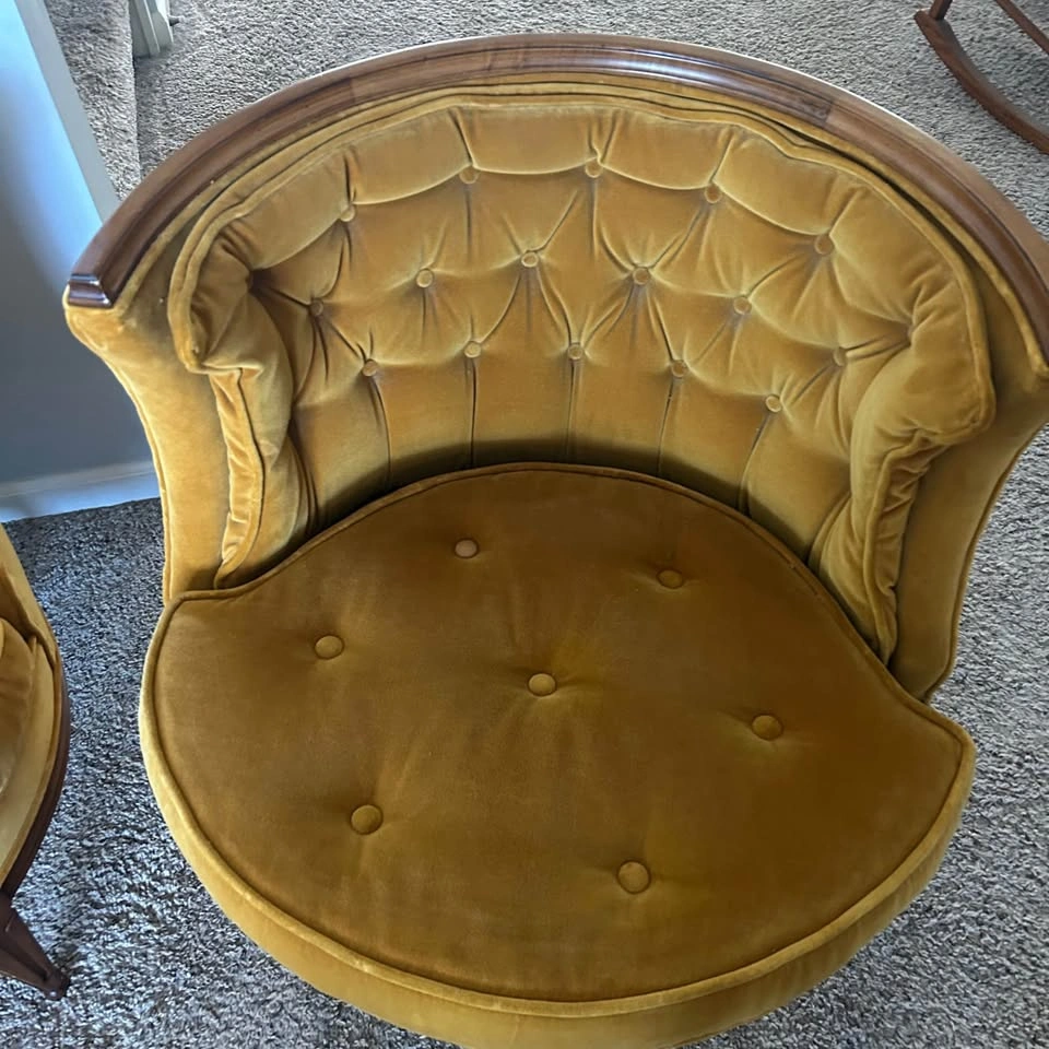 VTG Mid Century Modern Barrel Chair Pair Mustard Velvet Tufted - photo 2