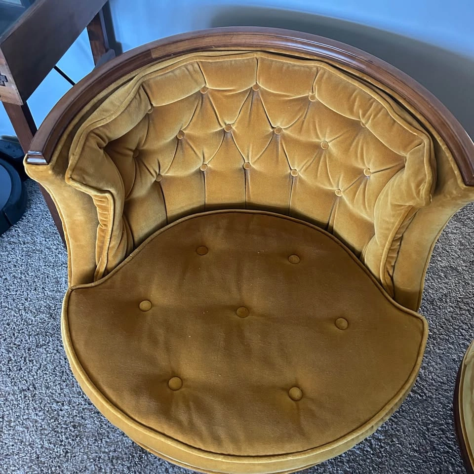 VTG Mid Century Modern Barrel Chair Pair Mustard Velvet Tufted - photo 3