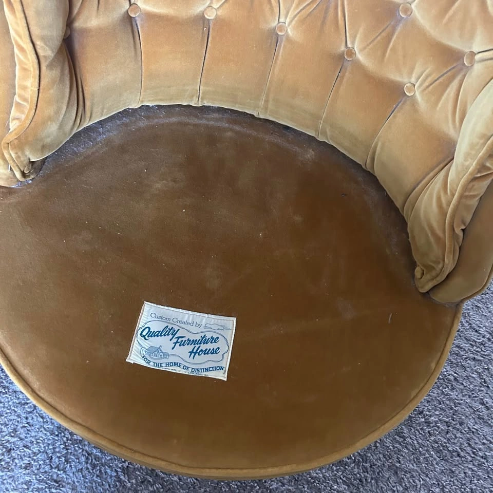 VTG Mid Century Modern Barrel Chair Pair Mustard Velvet Tufted - photo 4