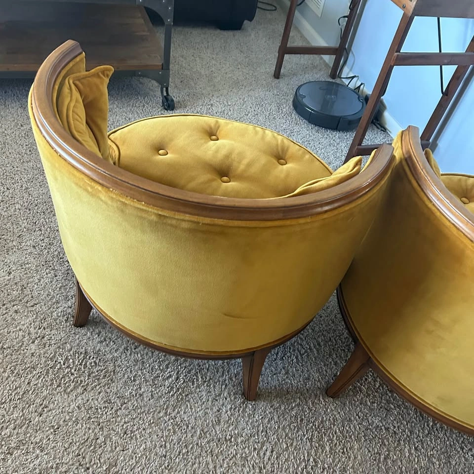 VTG Mid Century Modern Barrel Chair Pair Mustard Velvet Tufted - photo 5