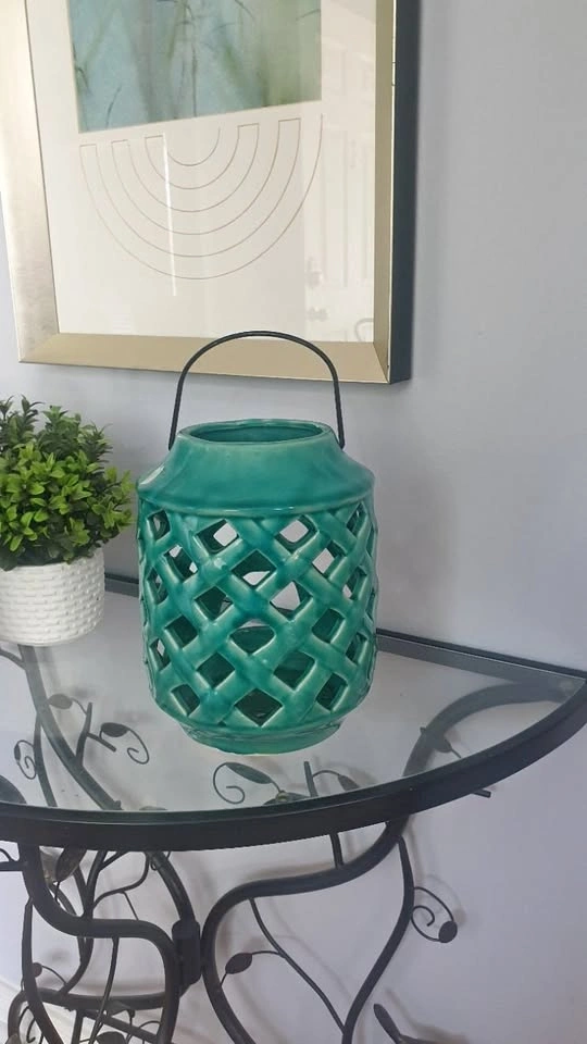 Turquoise Glazed Ceramic Candle Jar Holder - Lantern Design