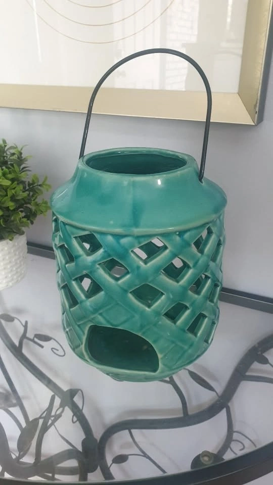 Turquoise Glazed Ceramic Candle Jar Holder - Lantern Design - photo 4