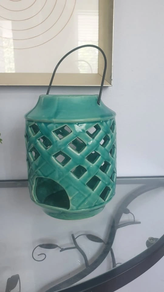 Turquoise Glazed Ceramic Candle Jar Holder - Lantern Design - photo 5
