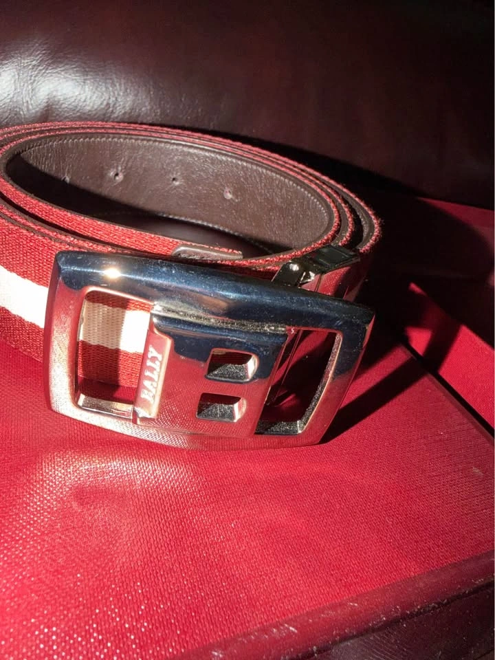 Bally Logo Buckle Belt Burgundy/White Strap Men's 38 New - photo 4