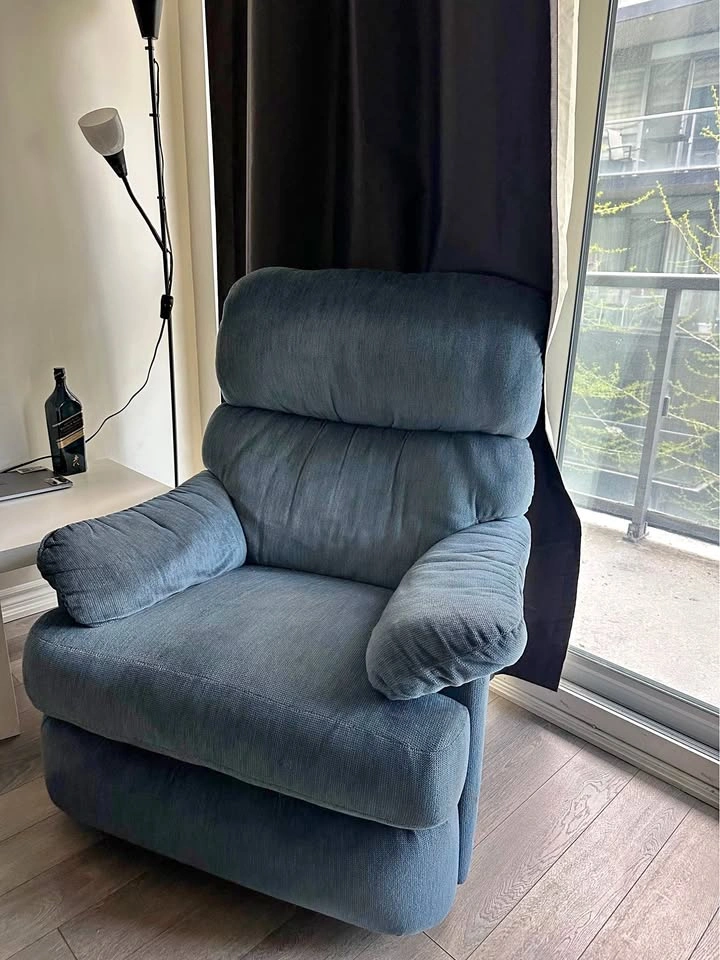 Comfy blue fabric recliner chair