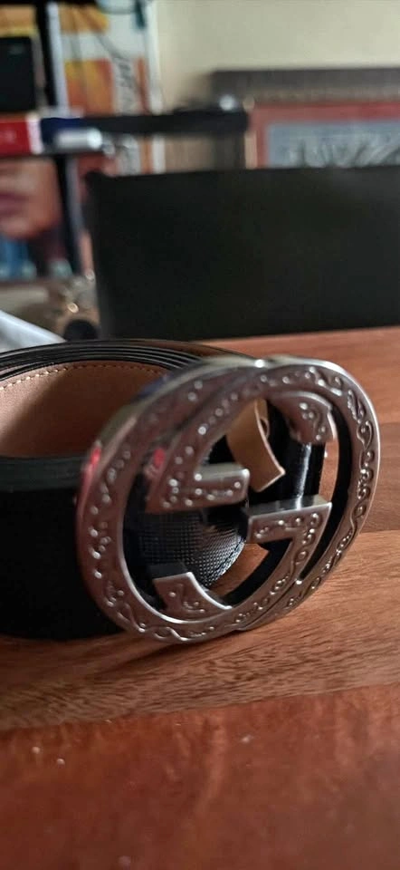 GG Authentic Etched Buckle Imprime' Black Men's Belt Size 42