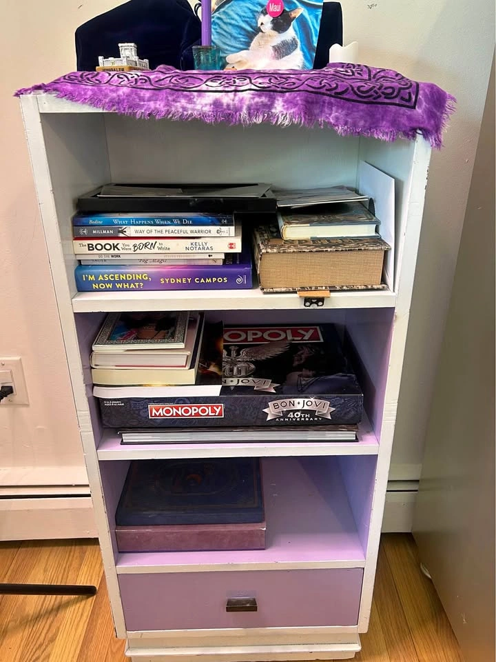 White and Purple Wooden Bookshelf with Drawer