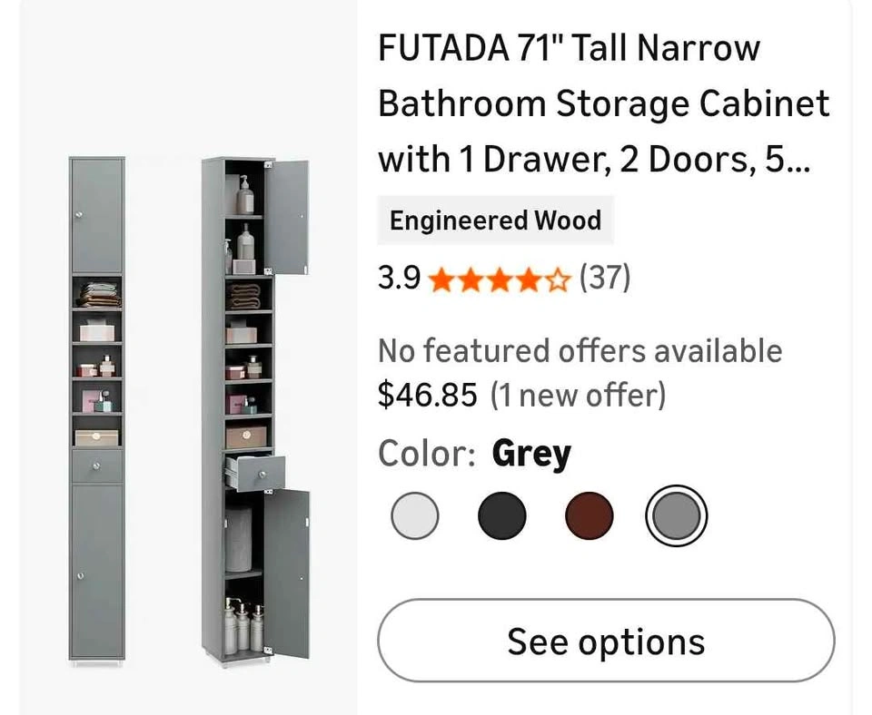 Tall Grey Slim Bathroom Storage Cabinet - photo 2