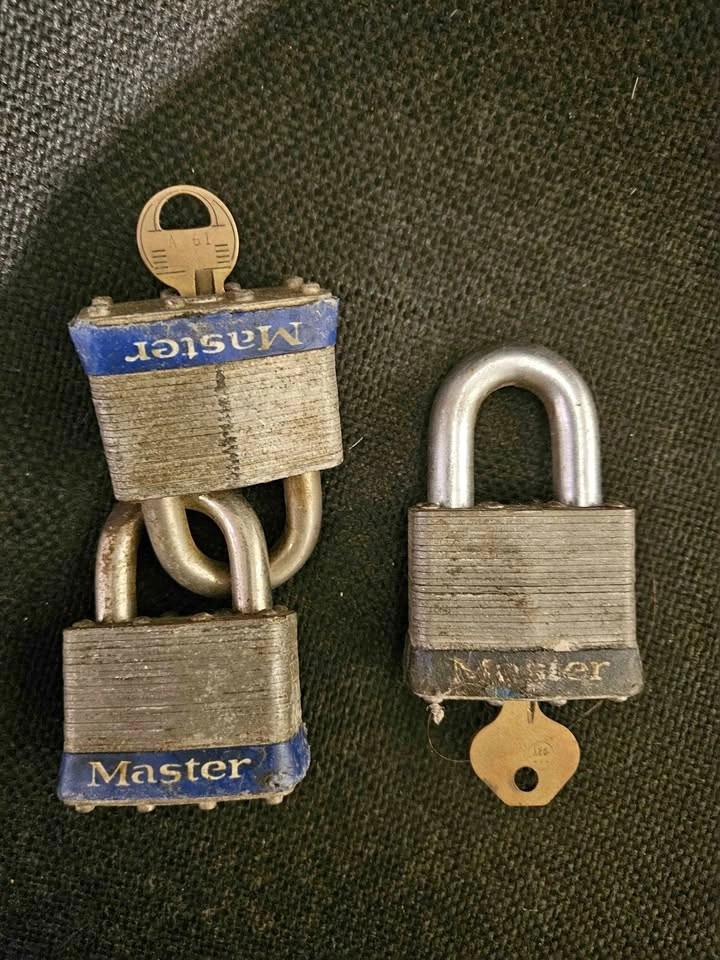 Three Master Locks, Two Keyed Alike, One Larger Size w/ Key
