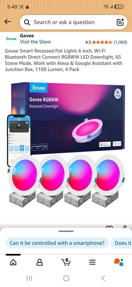 Govee Smart Recessed Pot Lights 6 Inch, Wi-Fi Bluetooth