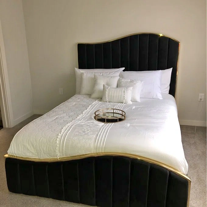 Luxury Velvet Queen Bed - Gold Frame & Channel Tufting (Like New