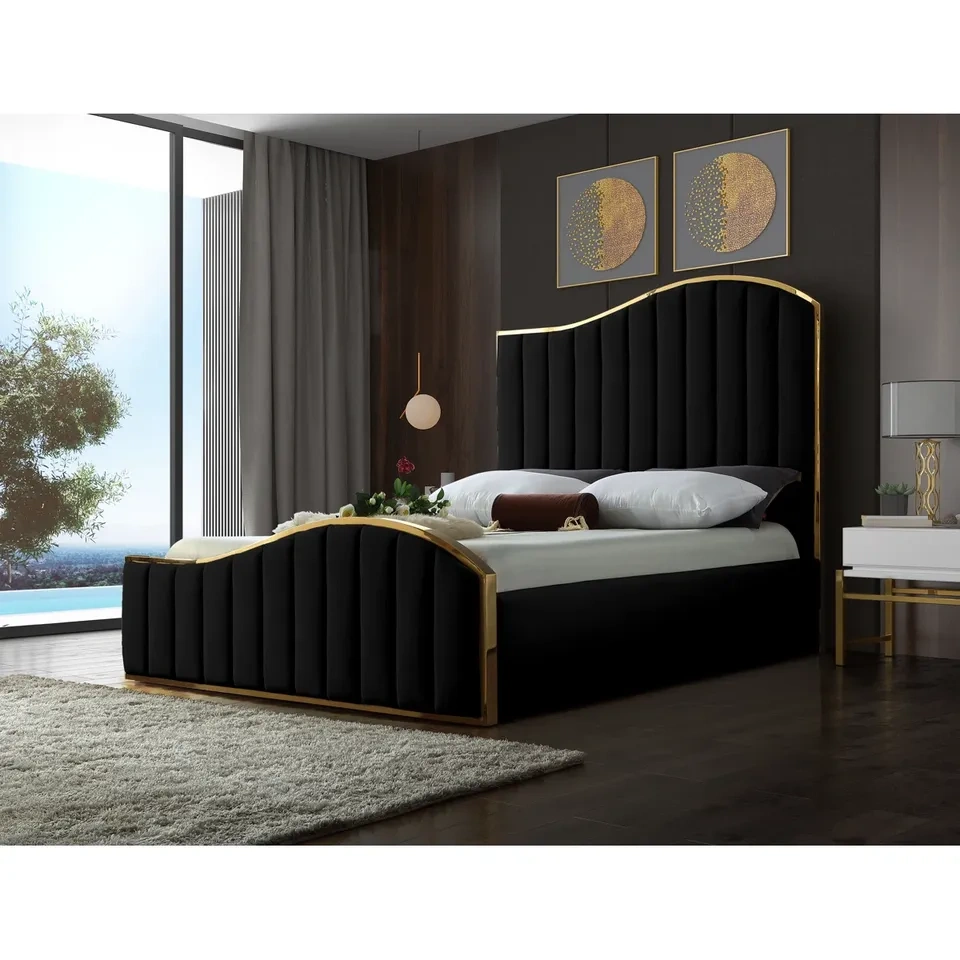 Luxury Velvet Queen Bed - Gold Frame & Channel Tufting (Like New - photo 2