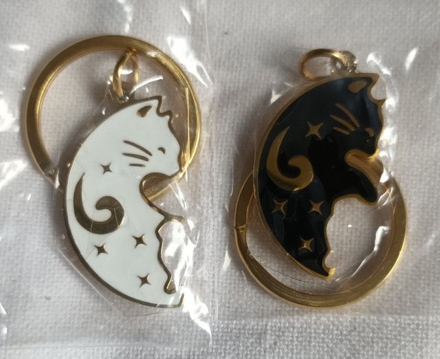 Gold Key Chains Black & White Cats for BFF's or Couples