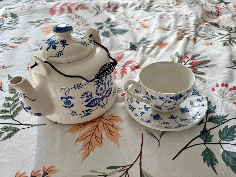 Blue and White Floral Teapot and FLOWER POT Set