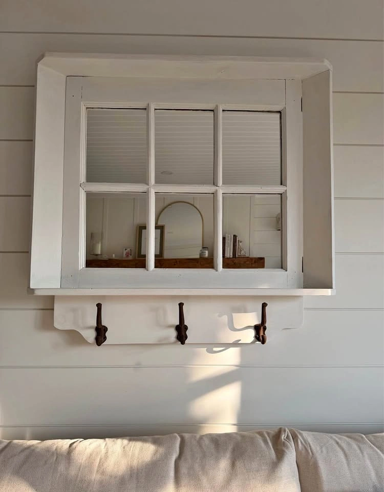 Farmhouse Window-Style Wooden Wall Mirror with Shelf and Hooks