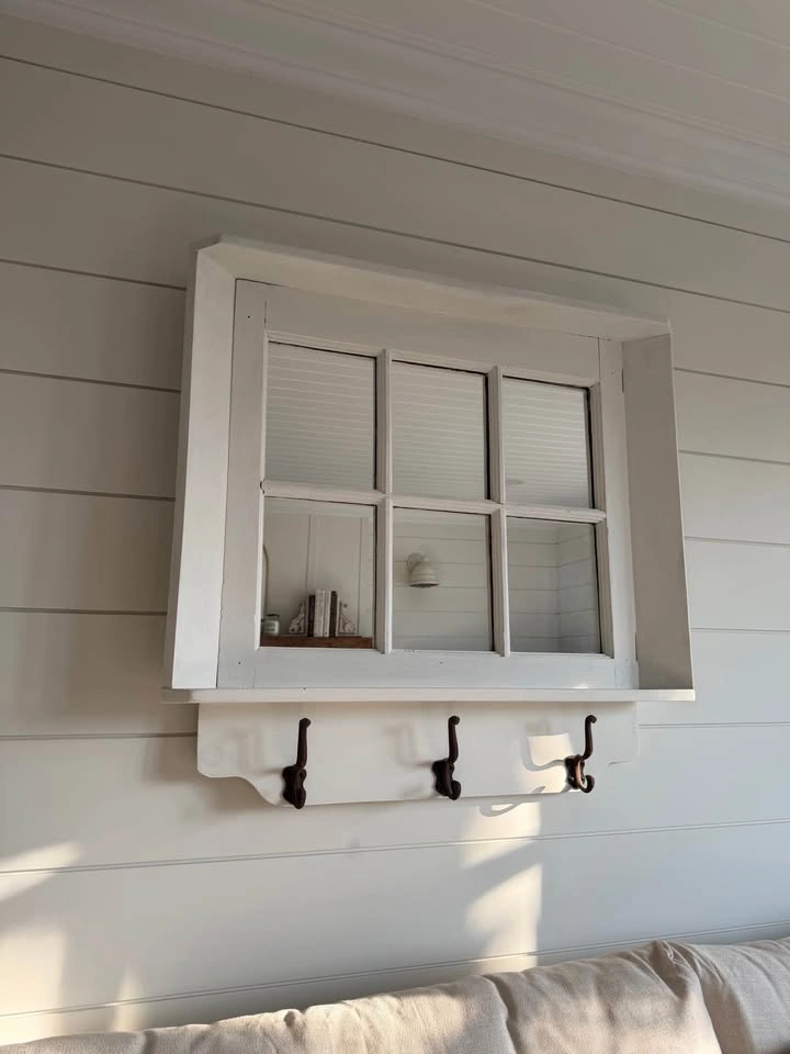 Farmhouse Window-Style Wooden Wall Mirror with Shelf and Hooks - photo 2