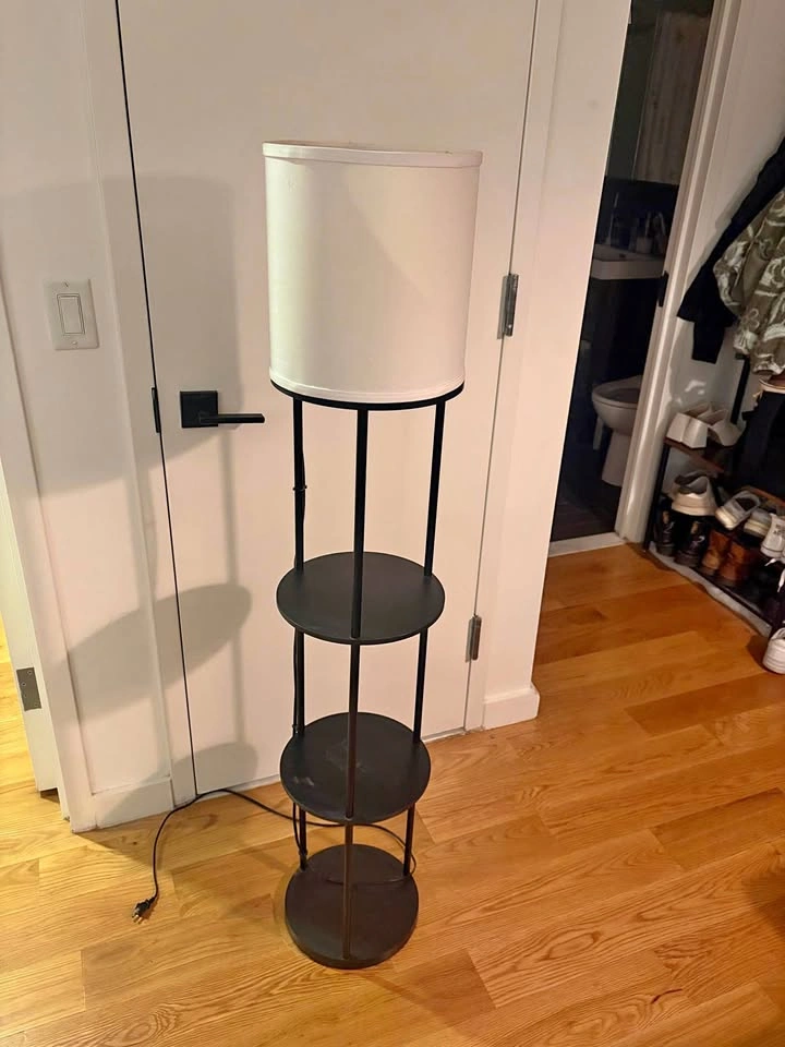 Black Floor Lamp with Shelves and White Shade