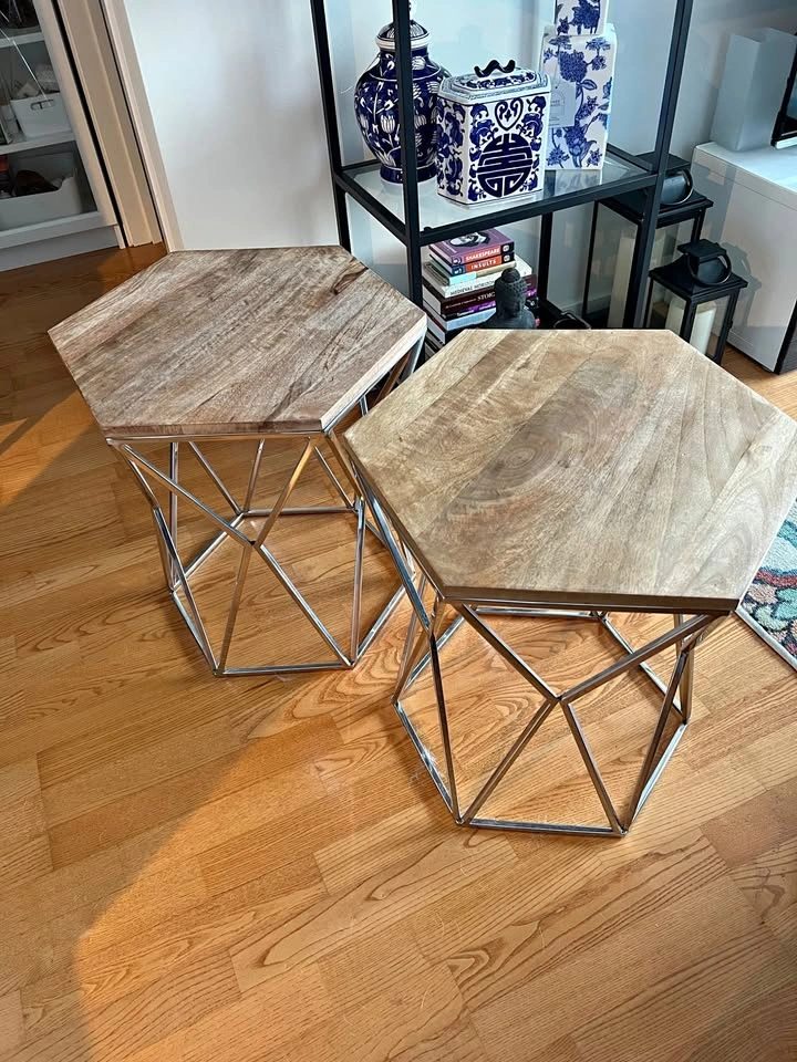 Two Hexagonal Solid Wood Side Tables - Excellent Condition