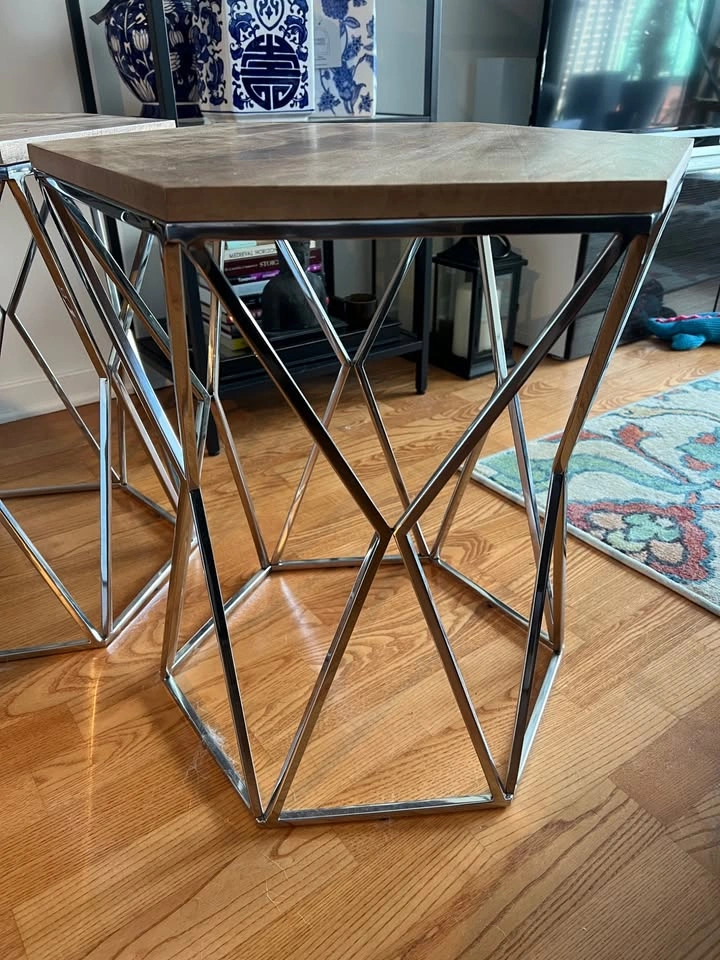 Two Hexagonal Solid Wood Side Tables - Excellent Condition - photo 2