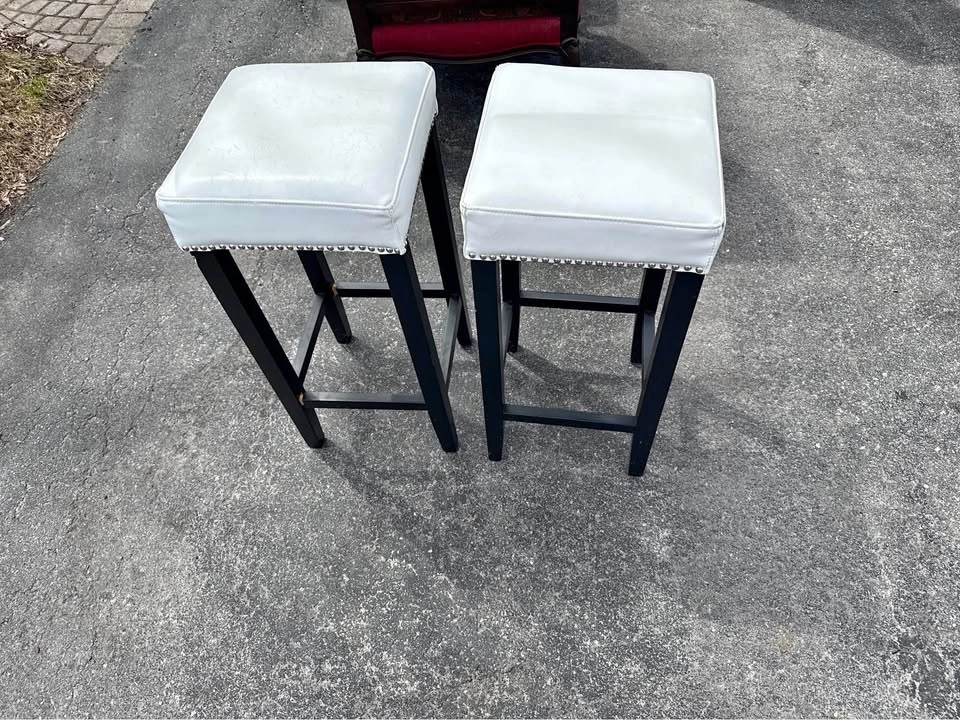 Pair of White Bar Stools with Studs