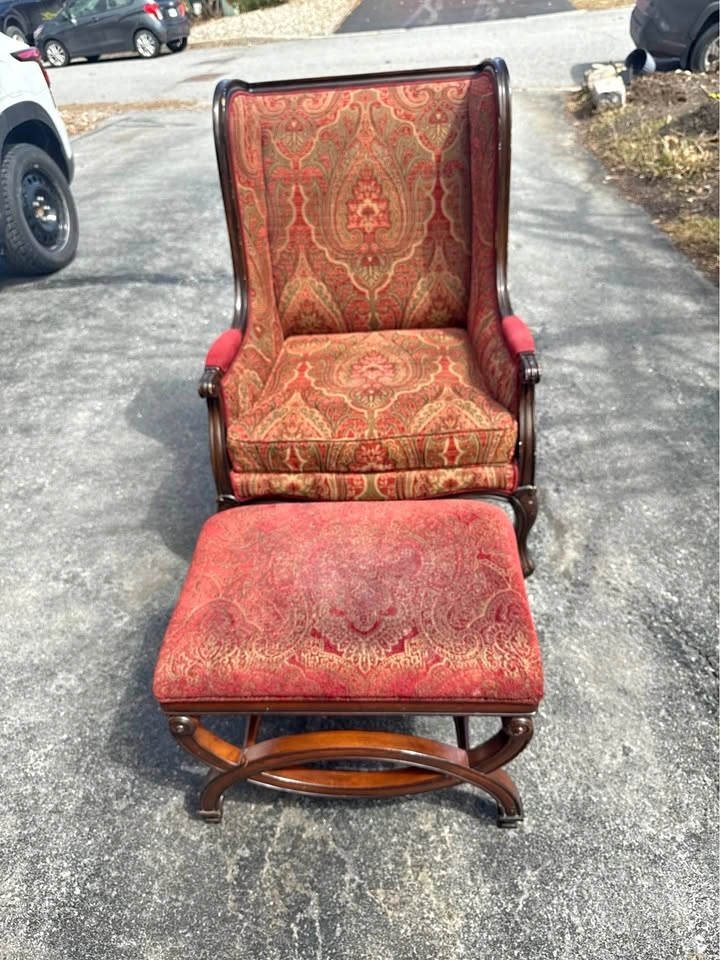 Red Paisley Wingback Chair and Ottoman Set