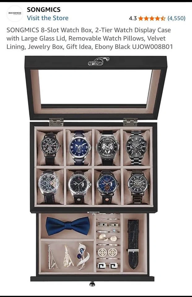 SONGMICS 8-Slot 2-Tier Watch Box Jewelry Drawer Glass Top - photo 4