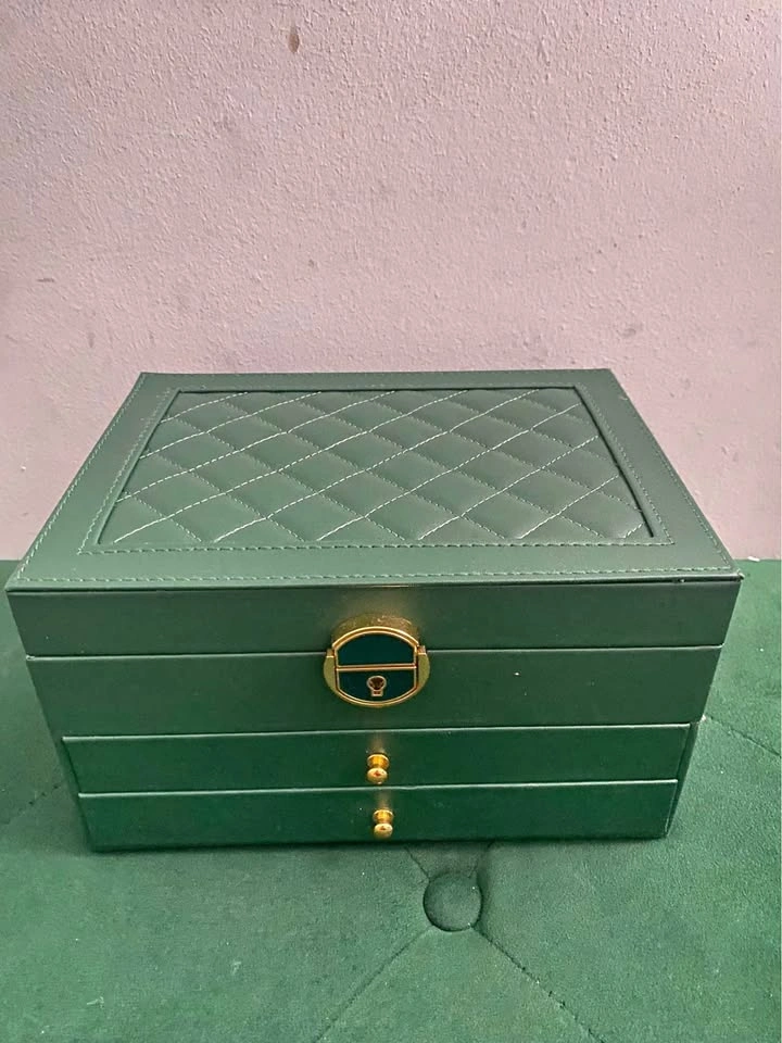 Green Multi-Layer Jewelry Box with Drawers and Lock