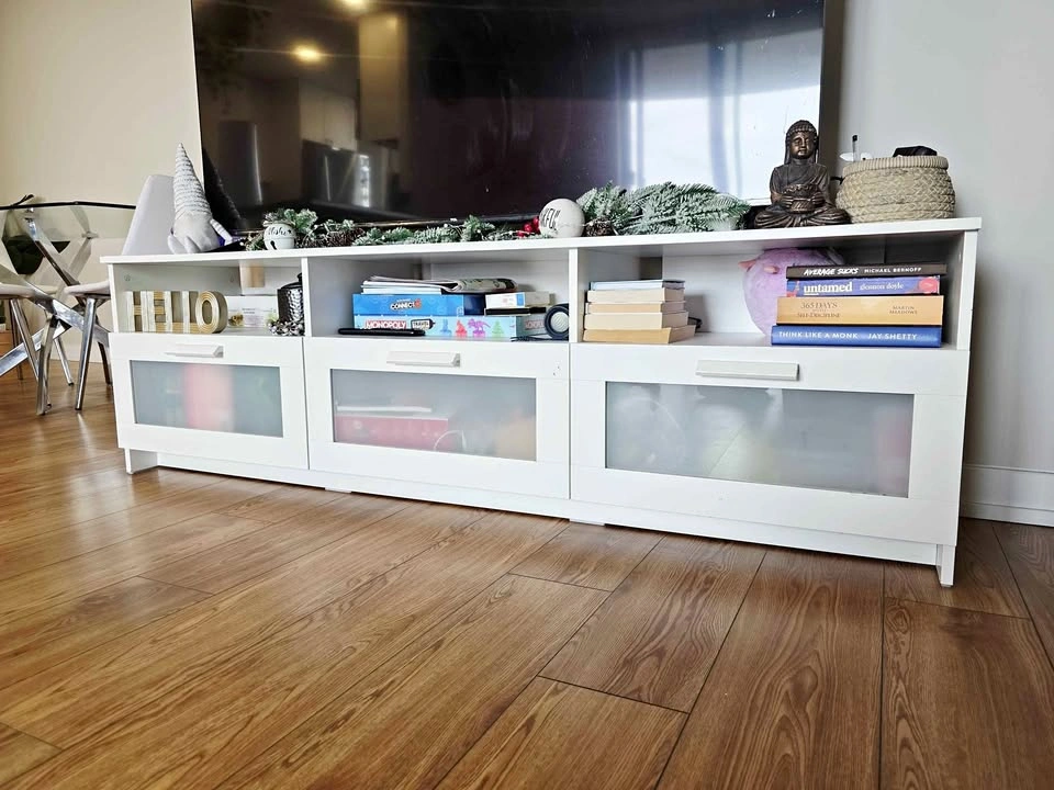 White TV Stand Media Console Frosted Glass Doors